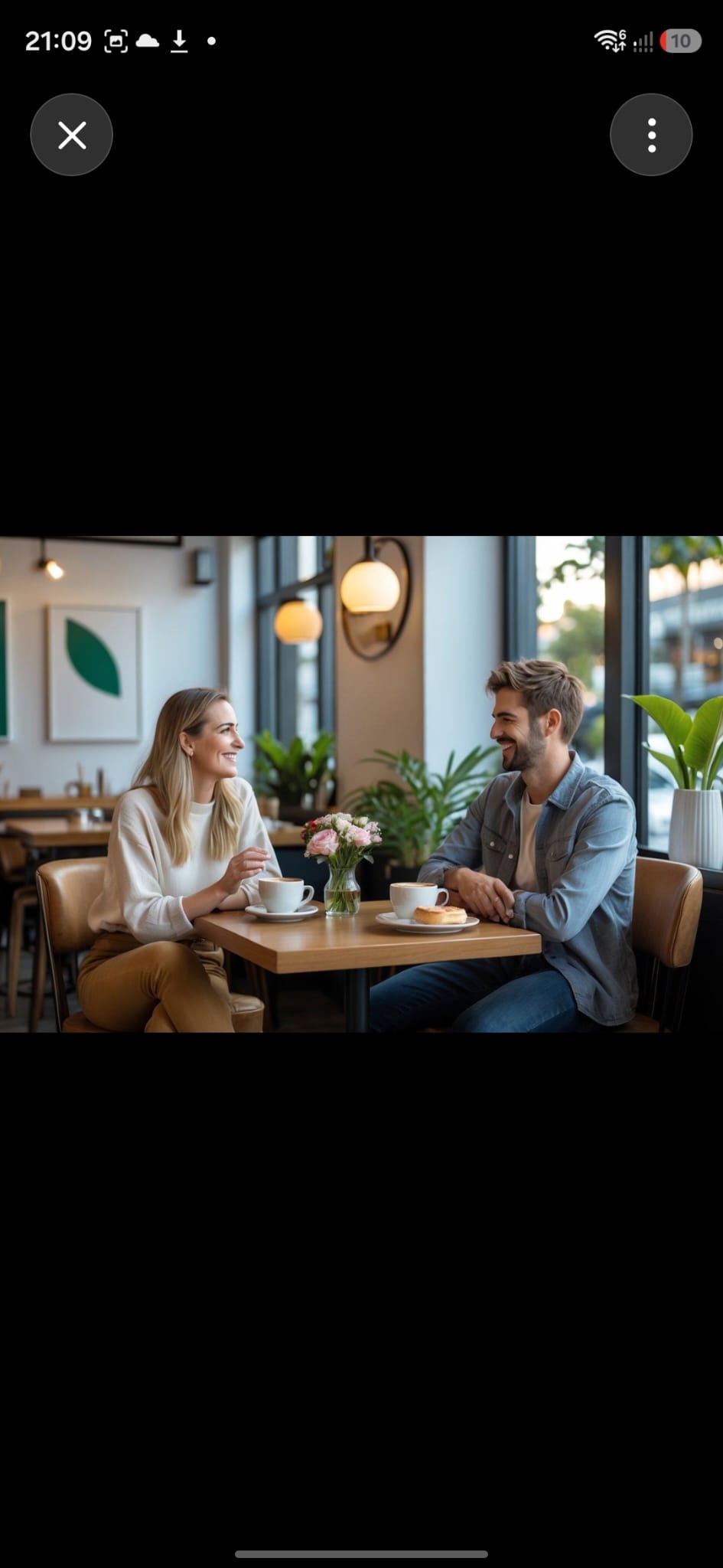 Pareja conociéndose en una cafetería
